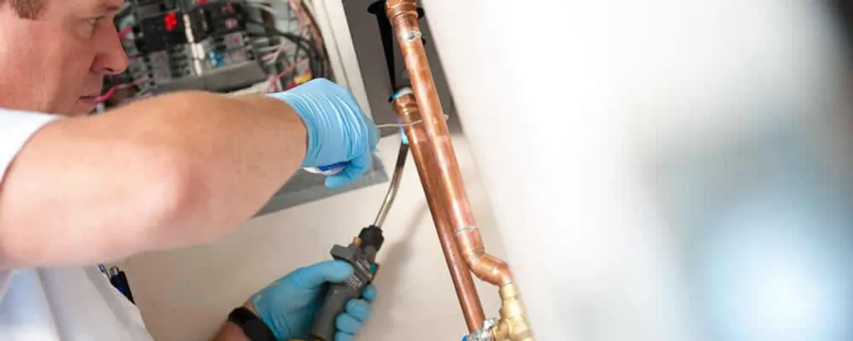 Water heater repair technician testing copper pipe connections and controls in Tucson, AZ